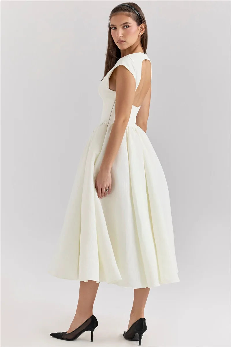 White Backless Solid Hollow Out Pleated Dress