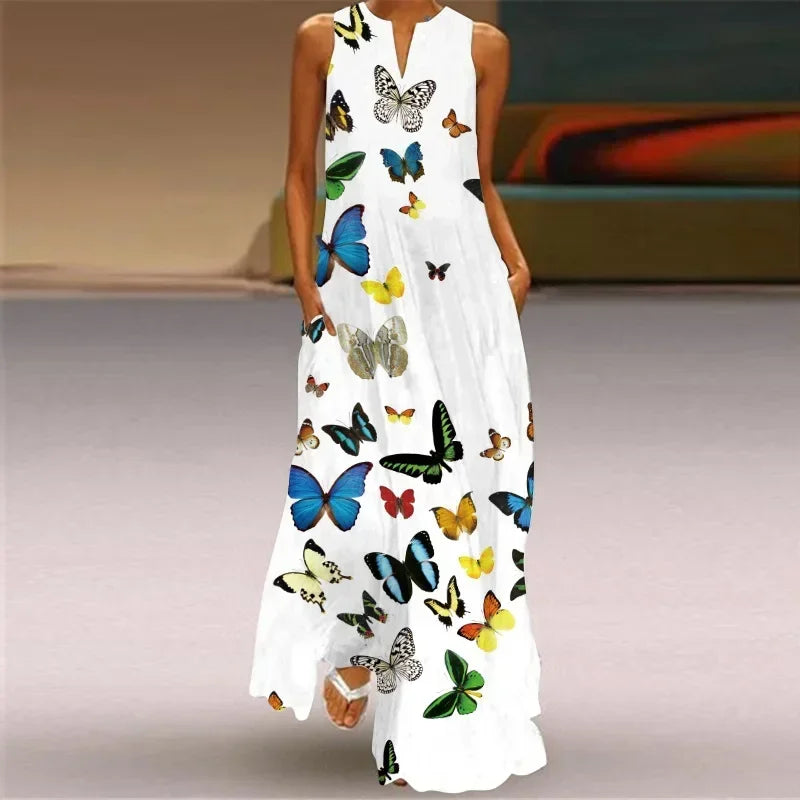 Split Neck Butterfly Print Sleeveless Pocket A-Line Maxi Dress