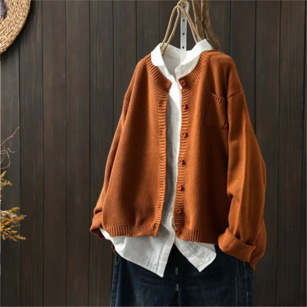 Round Neck Button Front Pocket Long Sleeve Knit Cardigan