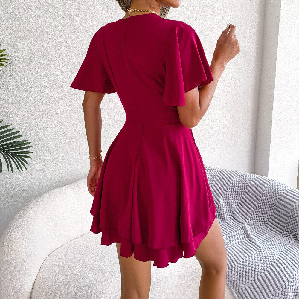 Lotus Leaf Sleeve Cross VNeck Dress