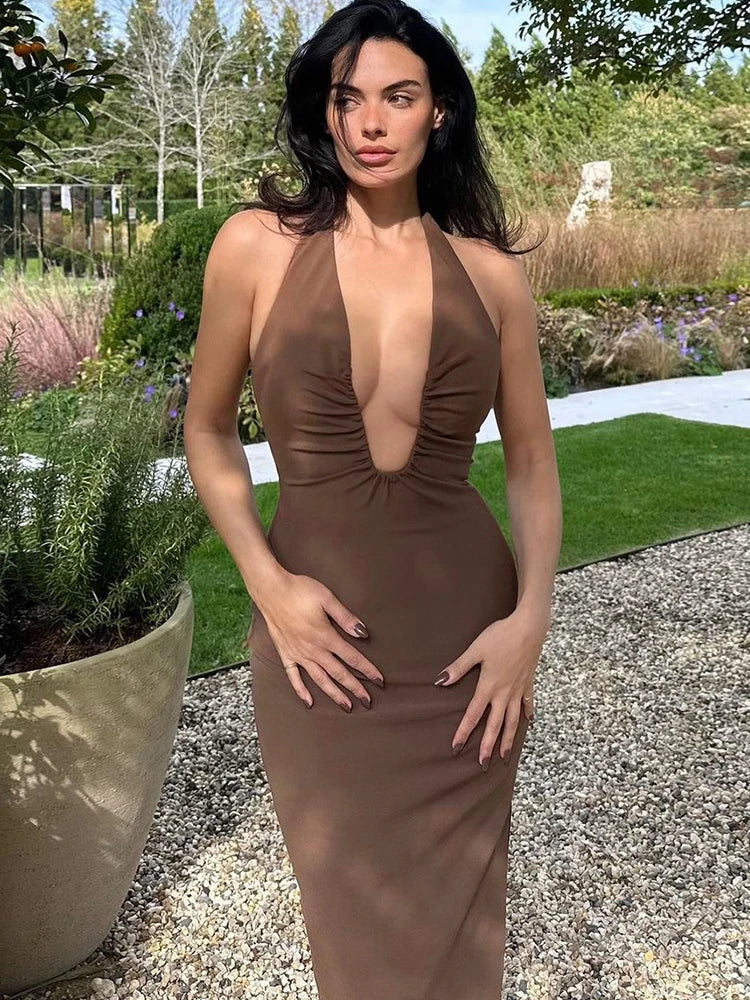 Ruched Deep Vneck Halter Midi Dress