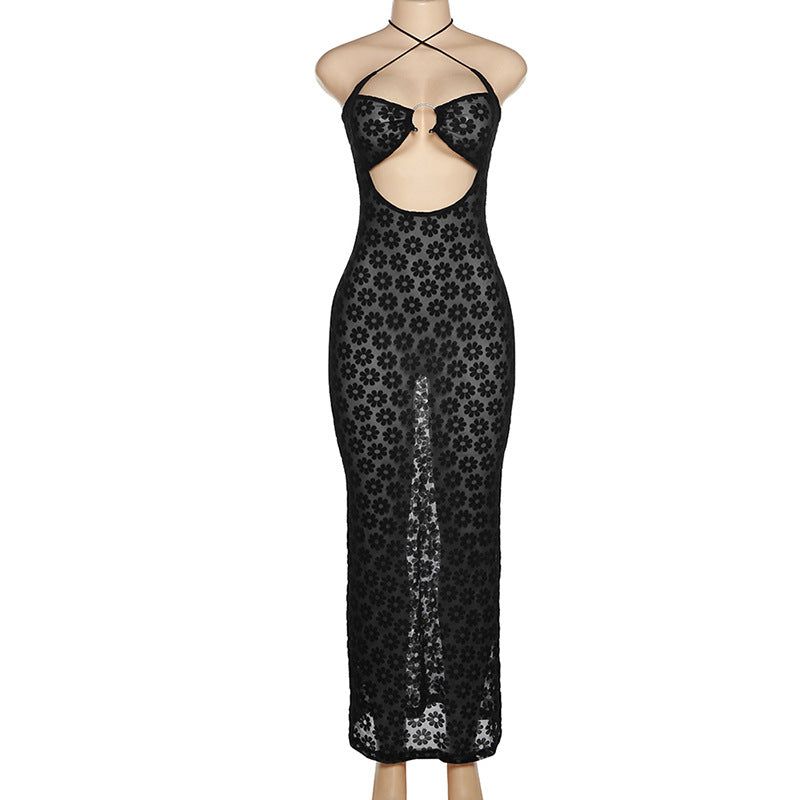Black Halter Neck Daisy Floral Mesh Underbust Cutout Bodycon Midi Dress