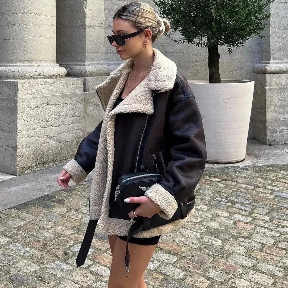 Brown Faux Shearling Lapel Leather Aviator Jacket