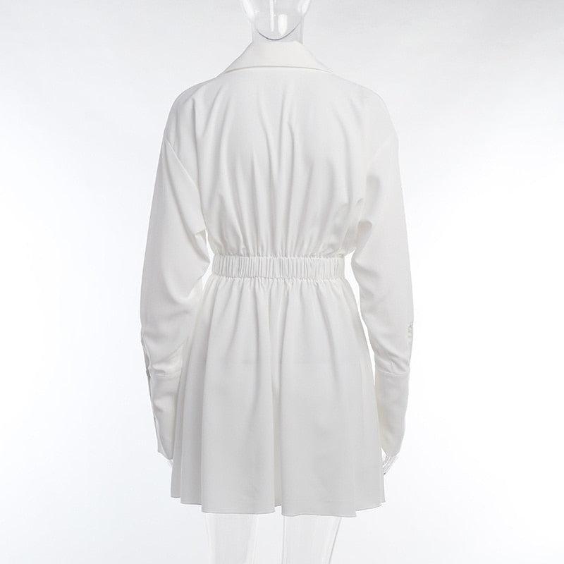 White Collared V-Neck Sheer Long Sleeve Ruched Waist Shirt Mini Dress