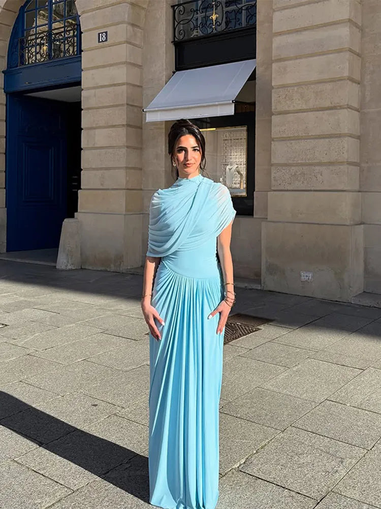 Blue Shawl Pleated A-line Maxi Dress