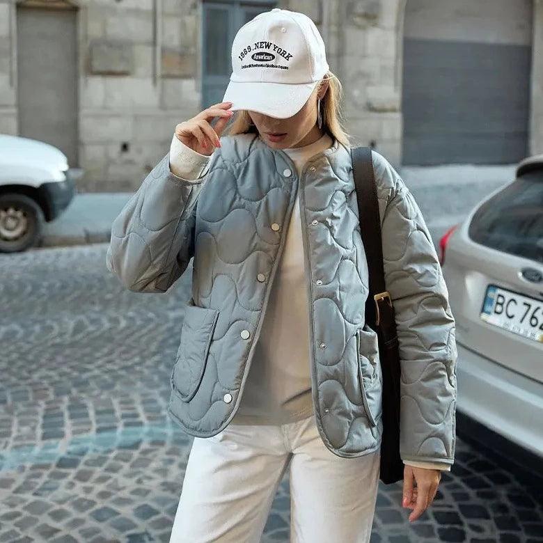 Gray Collarless Wave Quilted Snap Button Padded Jacket