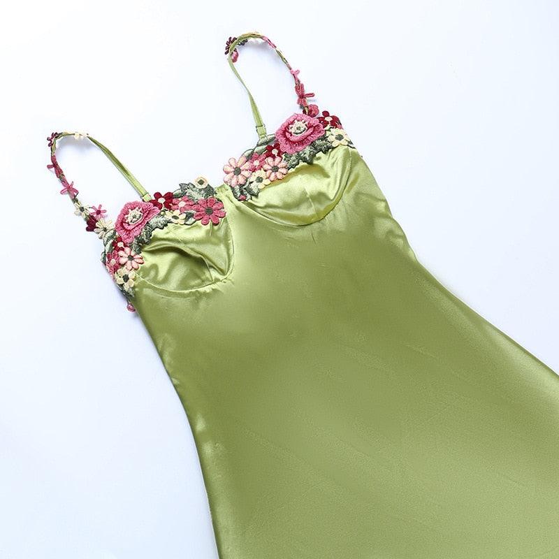 Green Spaghetti Strap Floral Applique Satin Bodycon Mini Dress 12
