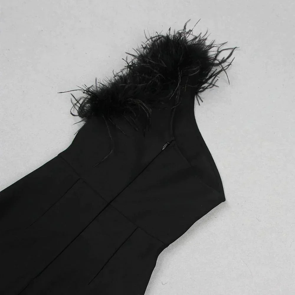 Black One Shoulder Feather Trim Mermaid Maxi Gown 10