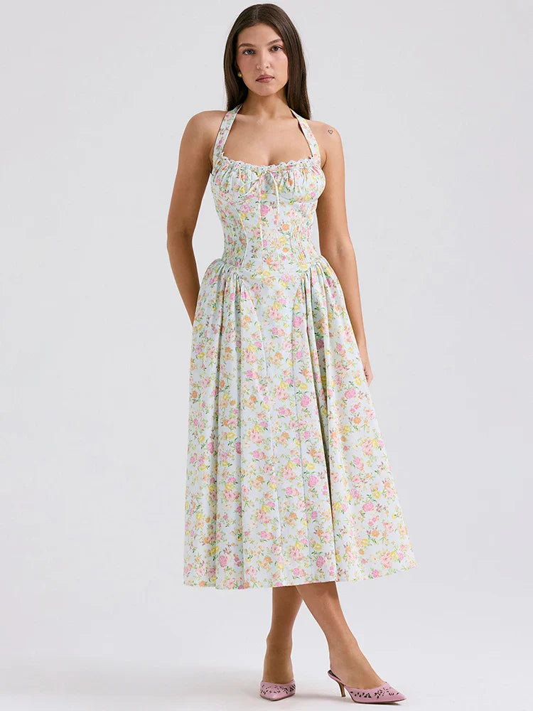 Print Wrap Aline Halter Midi Summer Dress