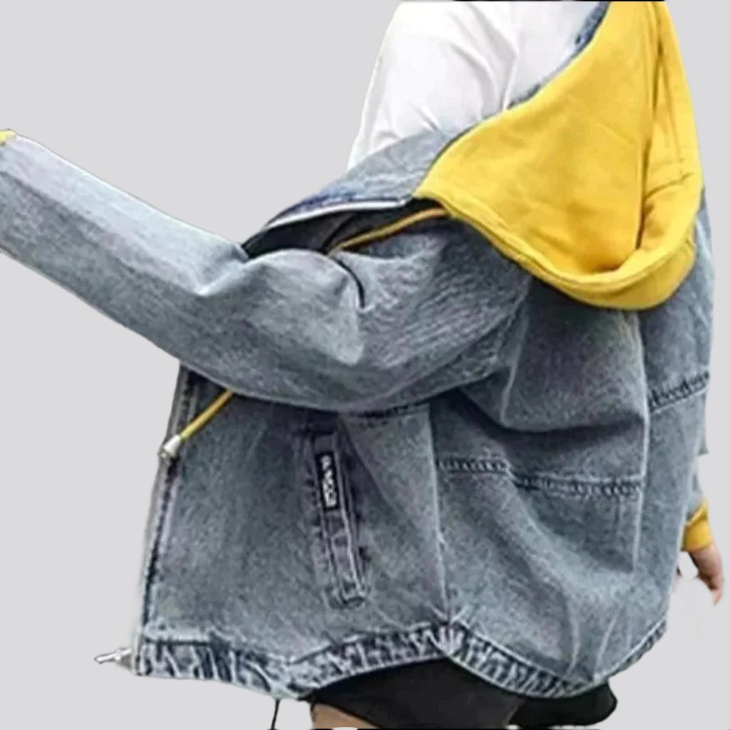 Light Blue Hooded Contrast Drawstring Oversized Denim Jacket 3