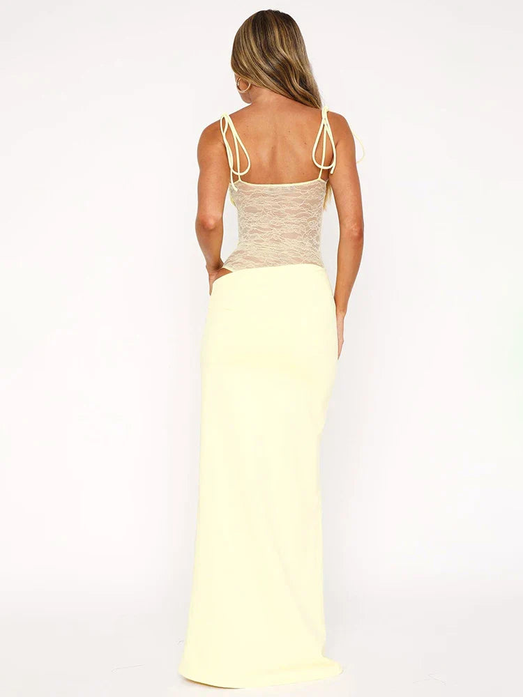 Lace Splice Strap Laceup Maxi Dress