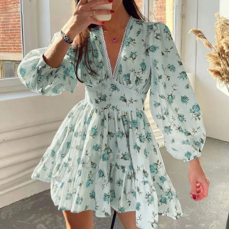 V-neck Lace Edge Midi Floral Dress
