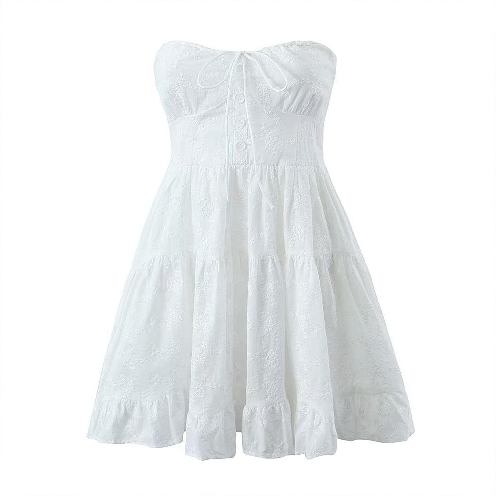 White Strapless Bow Front Eyelet Embroidery Tiered A-Line Mini Dress