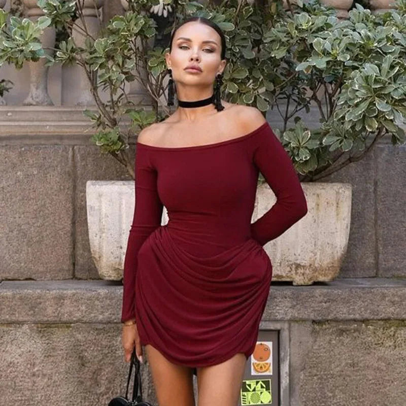 Pleated Off - Shoulder Long Sleeve Mini Dress