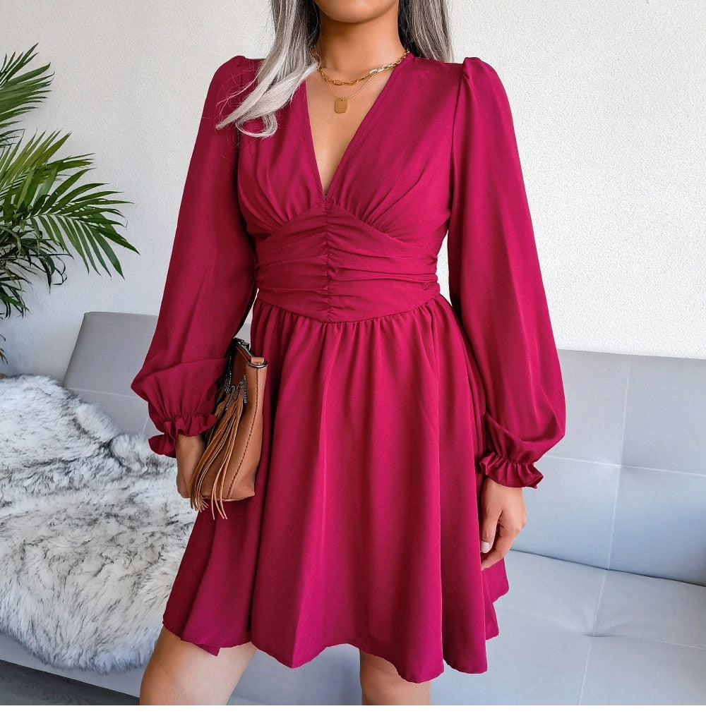 VNeck Solid Colorl Chiffon Dress