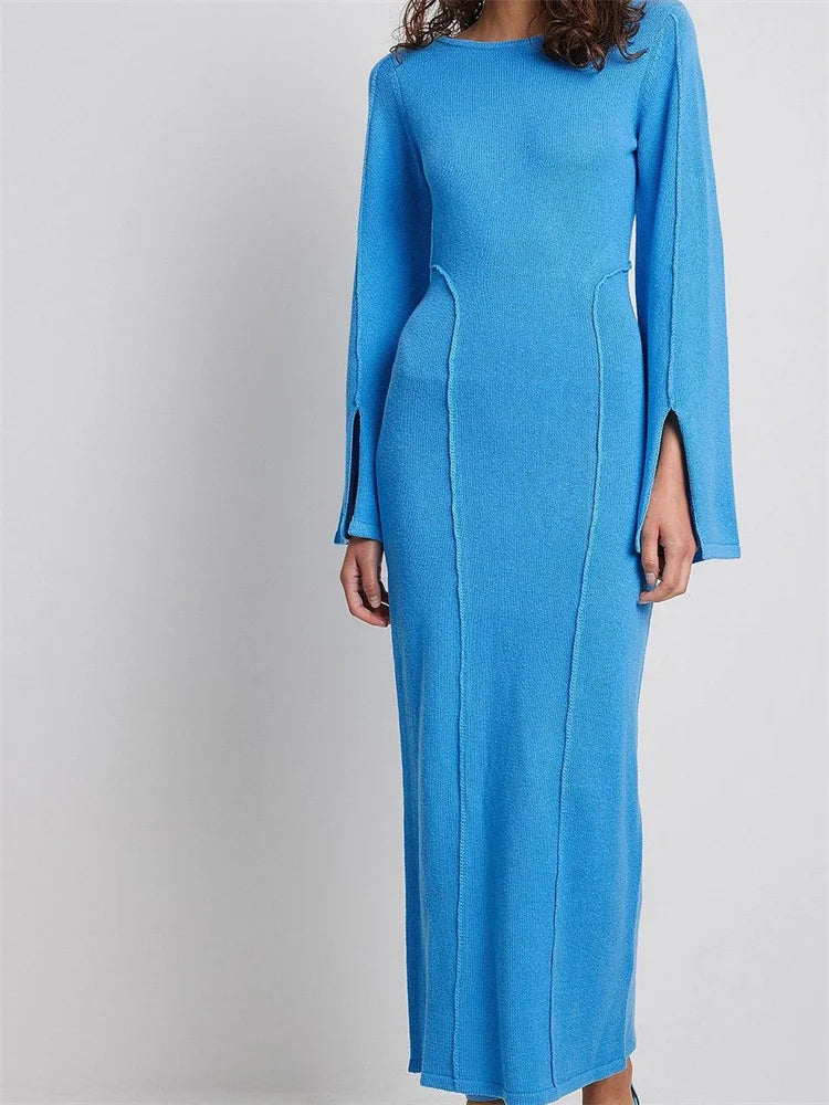 Elegant Women Knitted Patchwork Vintage Flare Sleeve Round Neck Slim Fit Solid Party Vestidos