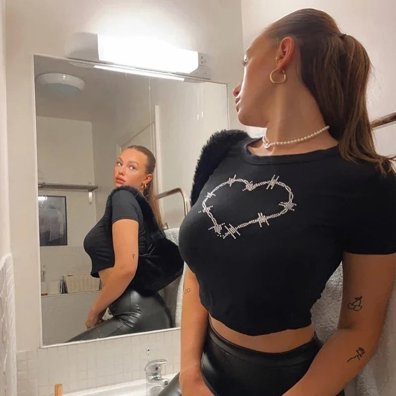 Y2K Rhinestones Graphic Slim Fit Crop Top