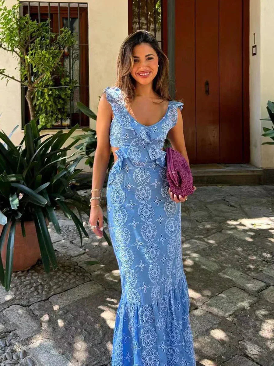 Blue Hollow Out Embroidered Midi Dress Women Summer V Neck Sleeveless Ruffle Long Dresses Elegant Fashion Holiday Vestidos