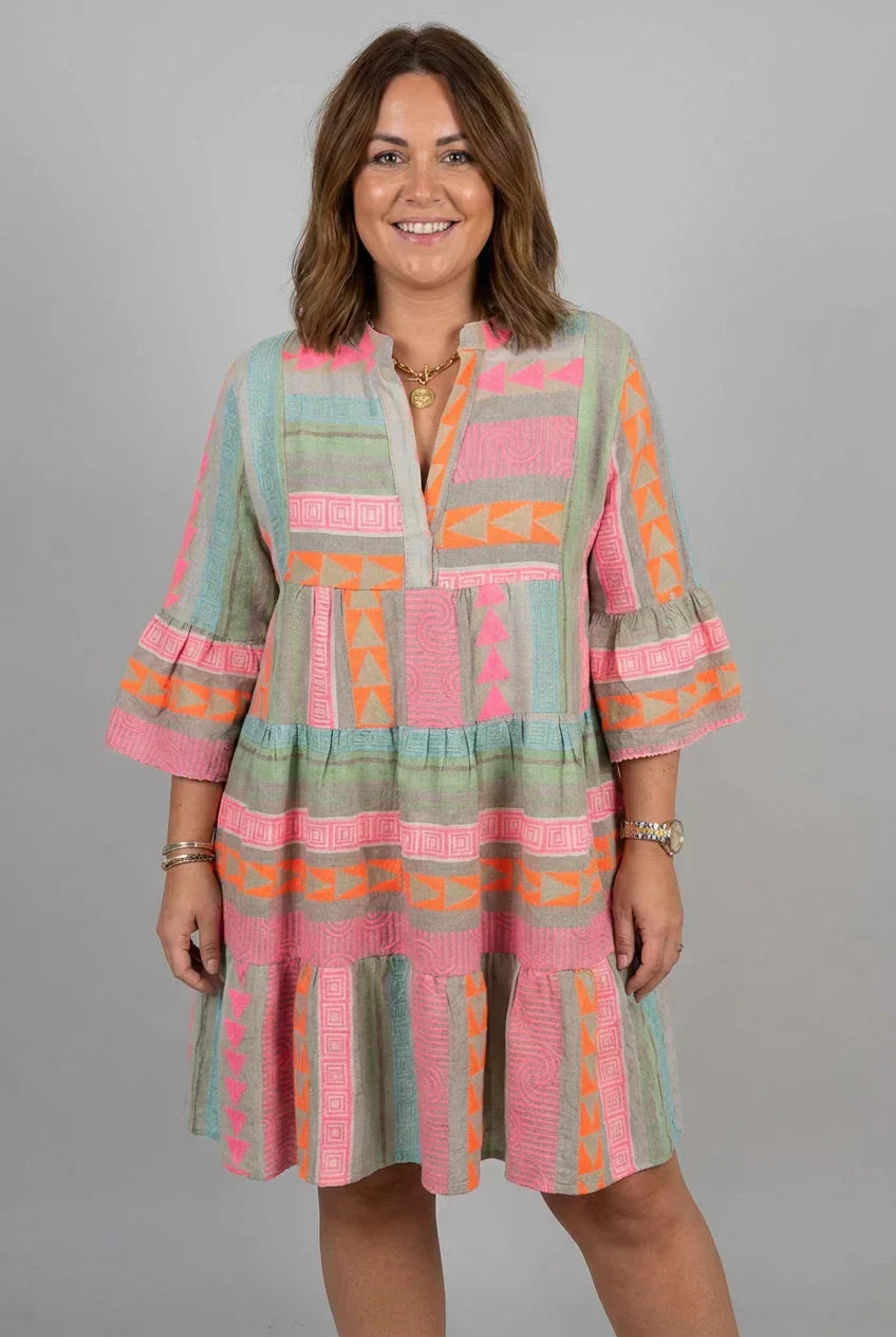 Split Neck Geometric Print Bell Sleeve Tiered Mini Dress 4