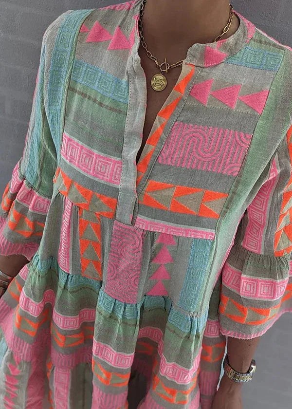 Split Neck Geometric Print Flared Sleeve Tiered A-Line Mini Dress