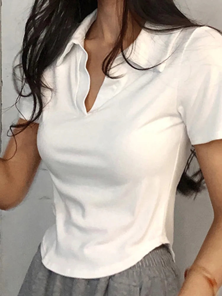 Solid VNeck Lapel Retro Crop Top