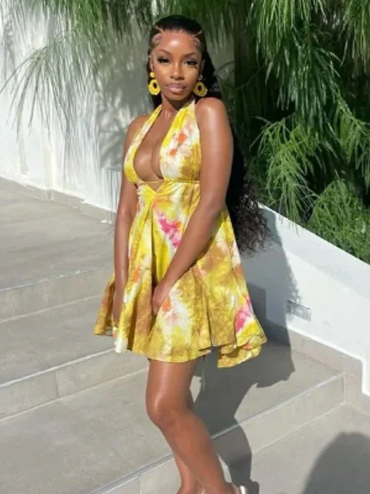 TieDye Halter Ruffle Hem Bandage Mini Dress