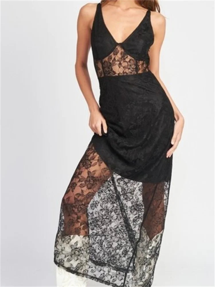Sexy Women V Neck Sleeveless Lace Patchwork Flower Embroidery Slim Tank Summer Party Vestidos