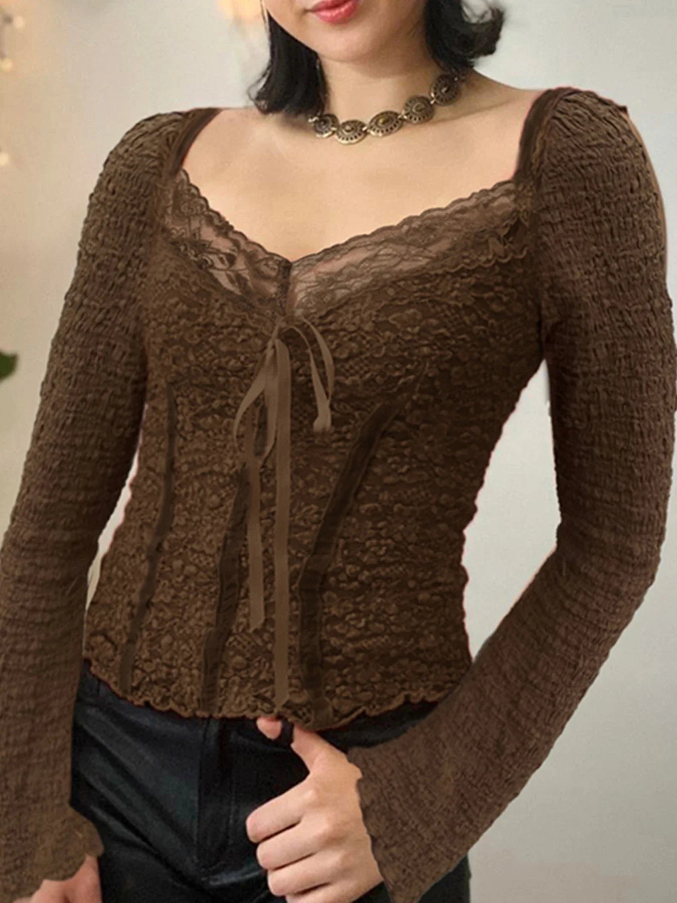 Lace Trim VNeck Slim Brown Long Sleeve Crop Top