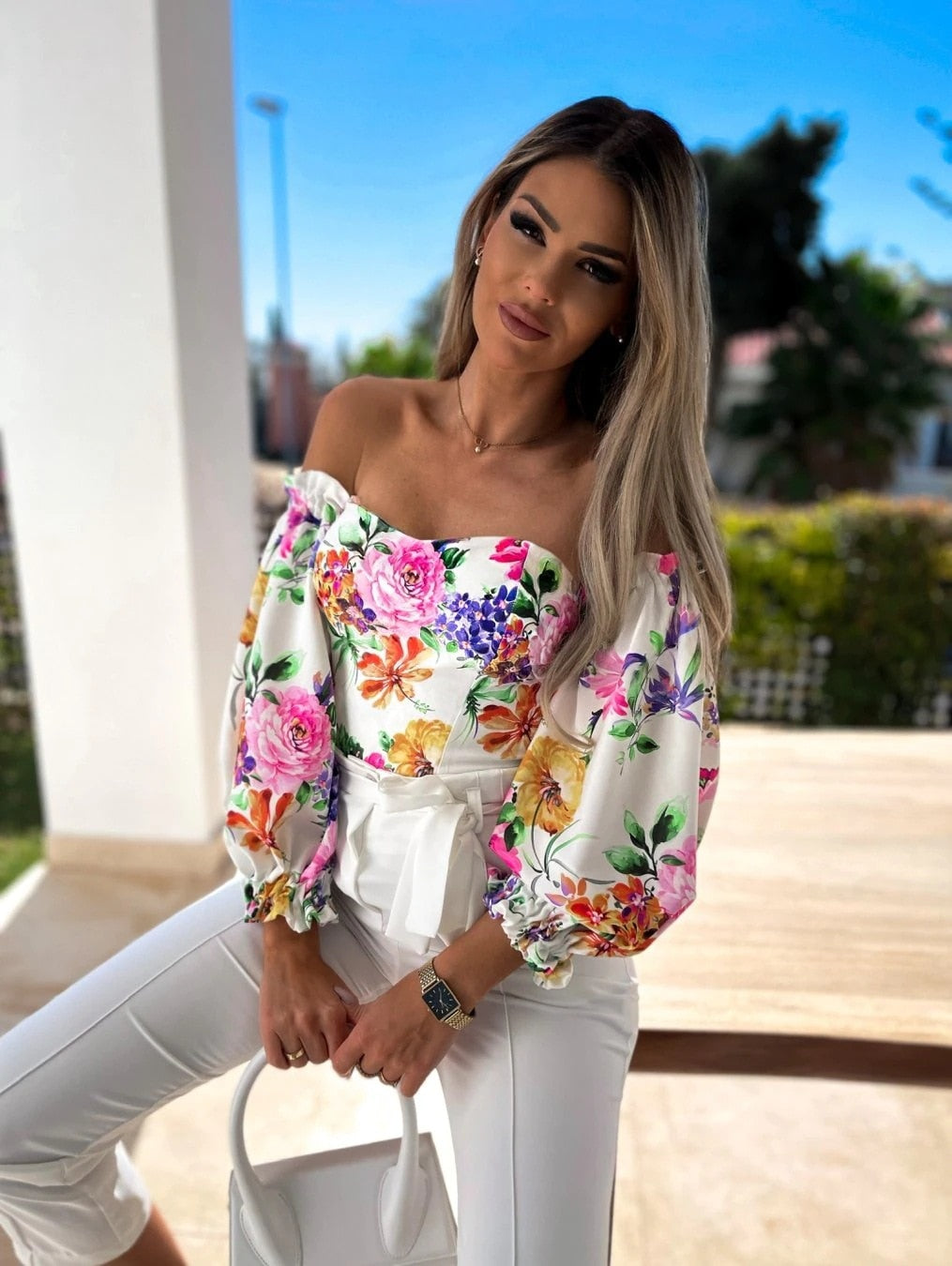 Women Top Summer Off Shoulder Floral Blouses Holiday Slash Neck Tops