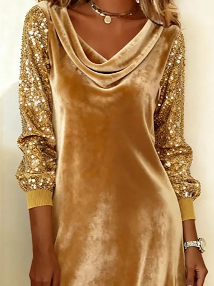 Cowl Neck Velvet Sequin Long Sleeve A-Line Midi Dress