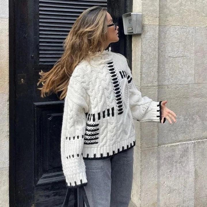Beige Turtleneck Cable Knit Contrast Stitch Chunky Sweater