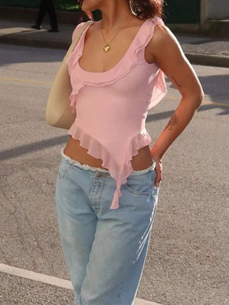 Oneck Ruffled Backless Irregular Cami Top