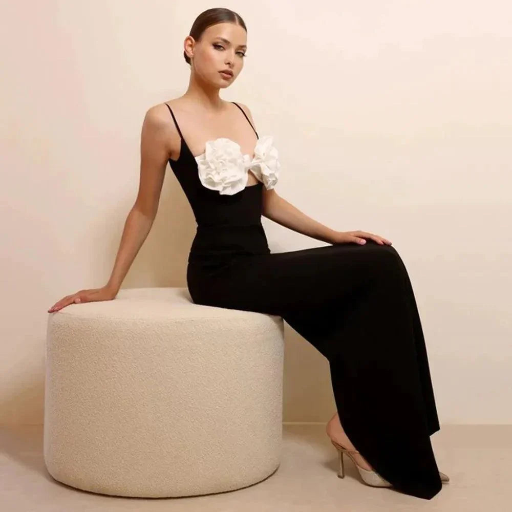 Black Spaghetti Strap Rose Flower Applique Bodycon Maxi Dress 8