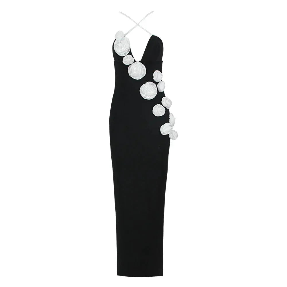 Black Pearl Strap Plunge Rosette Applique Bodycon Maxi Dress