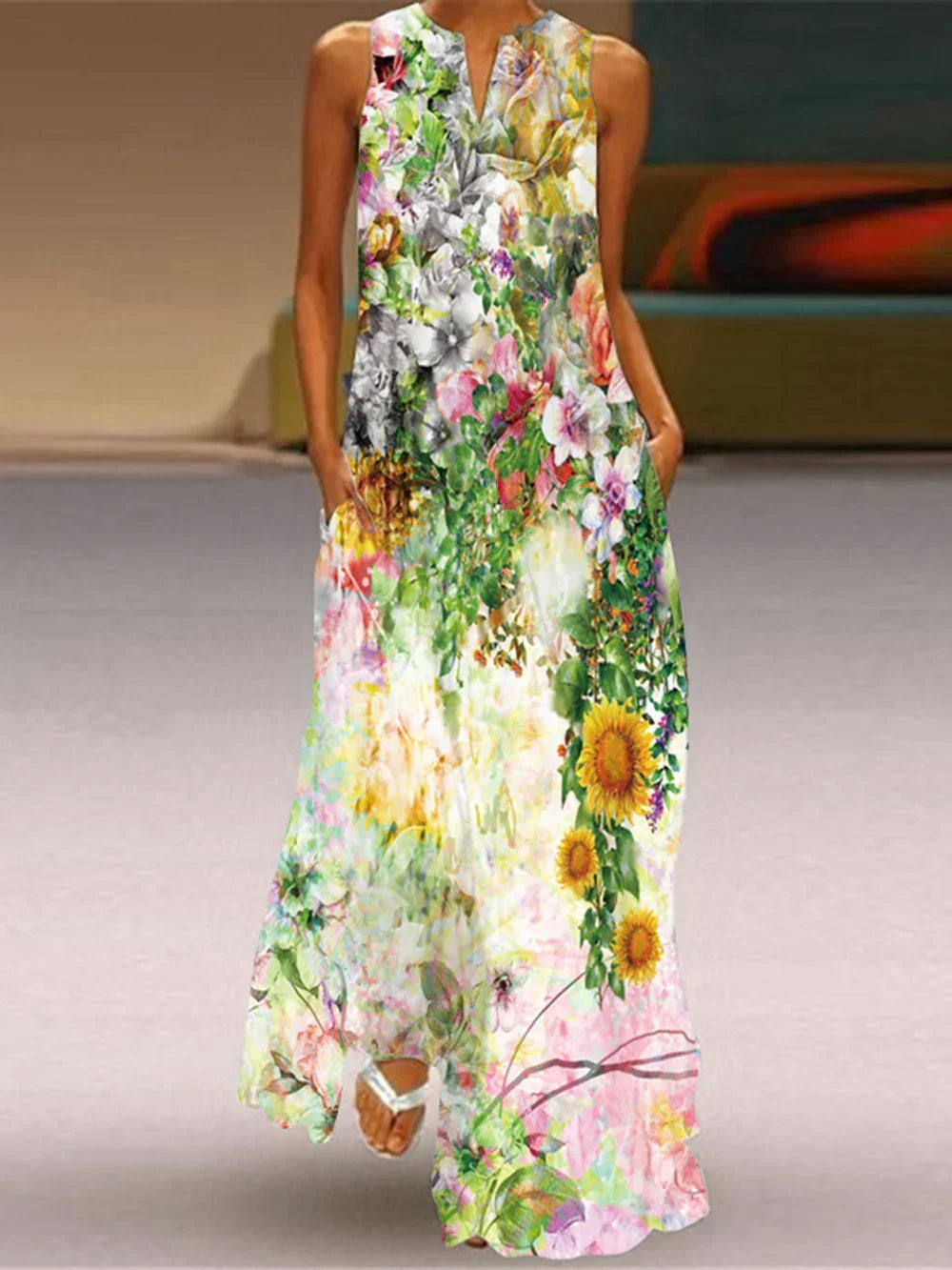 Split Neck Butterfly Print Sleeveless Pocket A-Line Maxi Dress