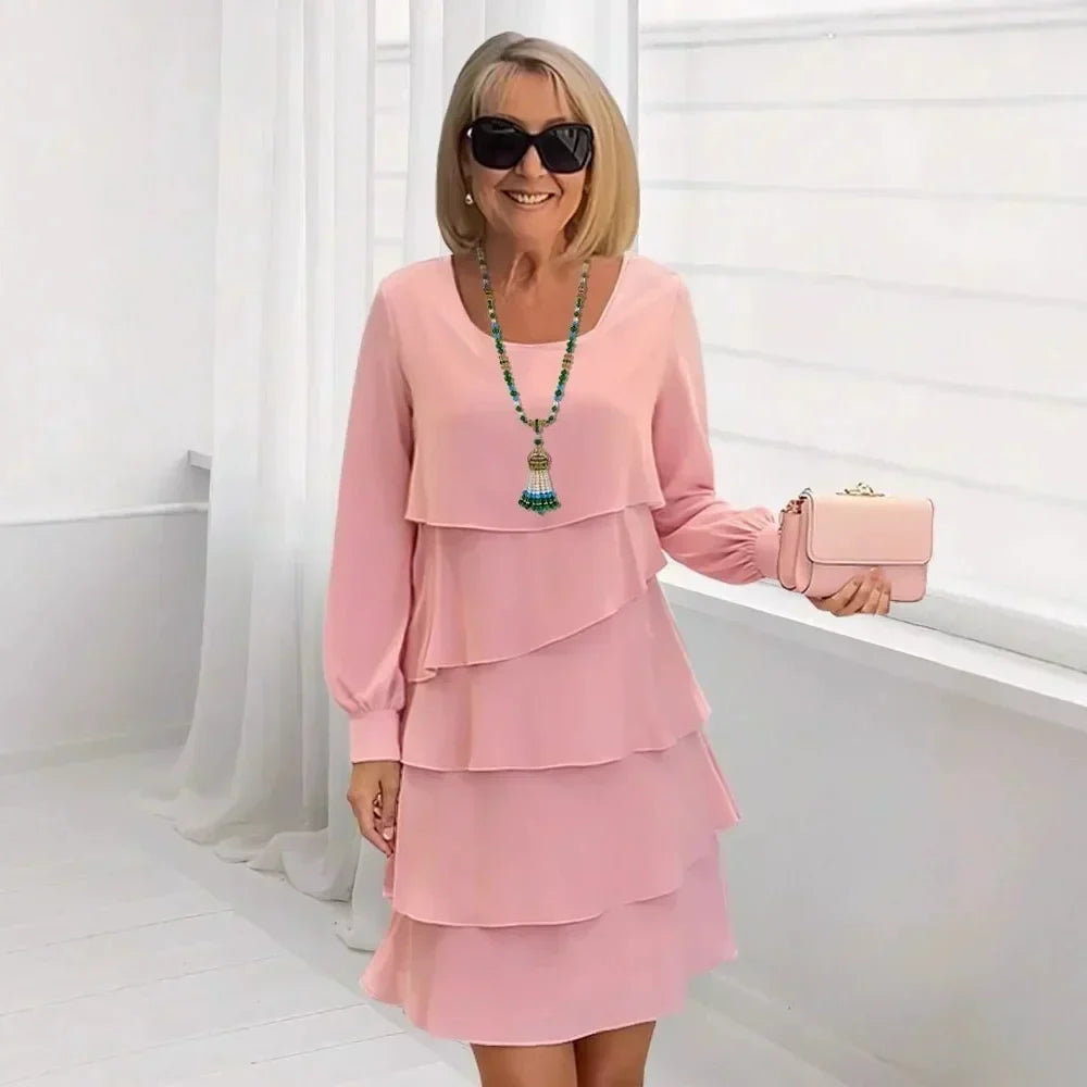 Round Neck Long Sleeve Tiered Ruffle Layered A-Line Midi Dress 2