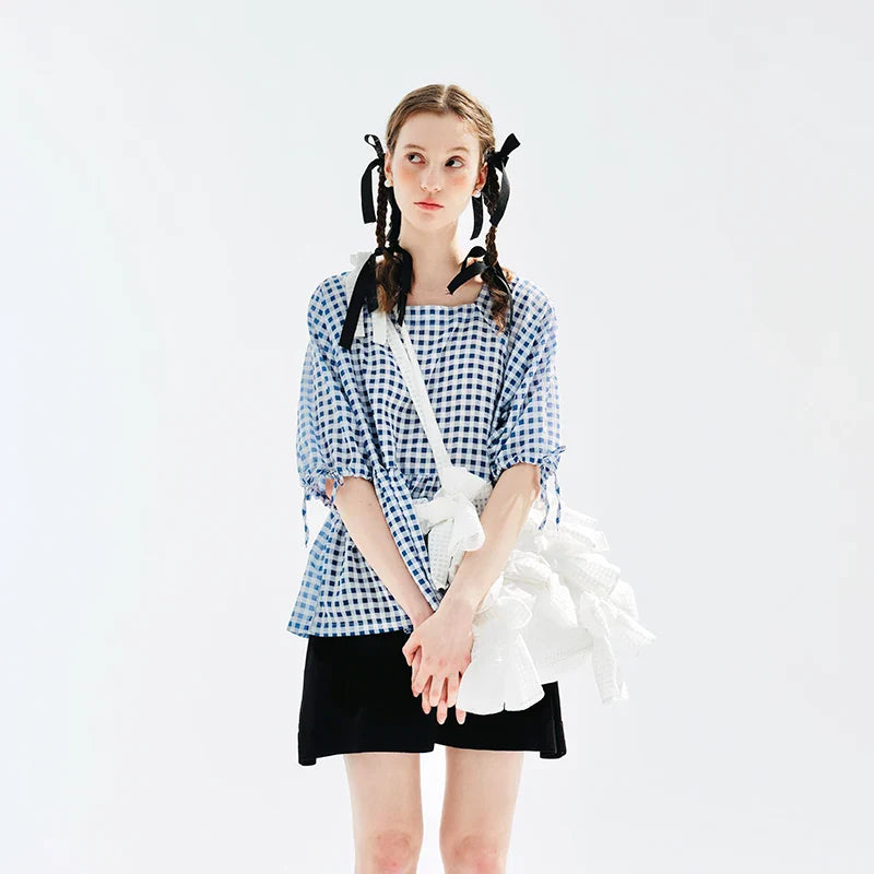 Plaid Laceup Short Sleeve Tshirt Blouse