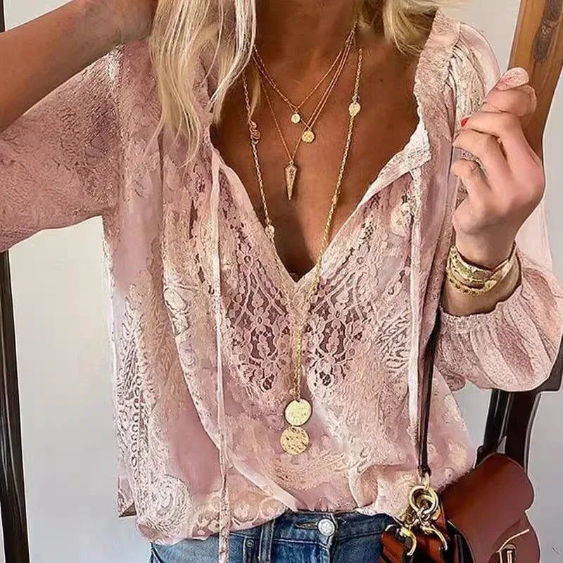 Vintage Button Laceup Long Sleeve Blouse