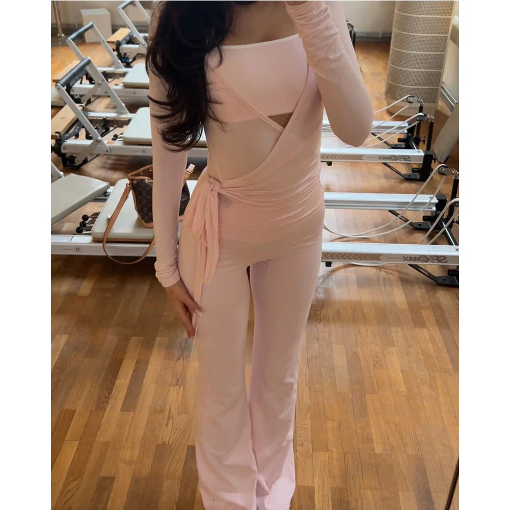 Y2K Tieup Wrap Vneck Two Piece Pants Set