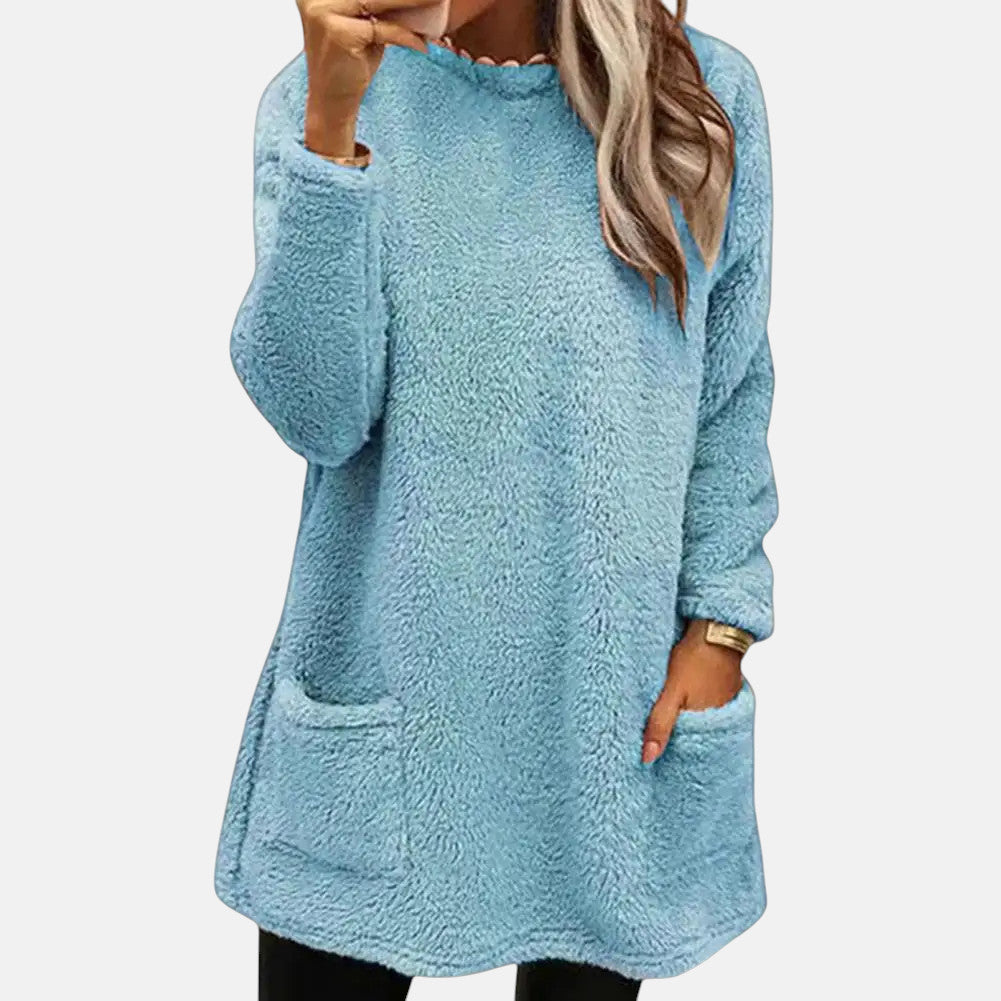 Round Neck Fuzzy Fleece Long Sleeve Pocket Tunic Sweater