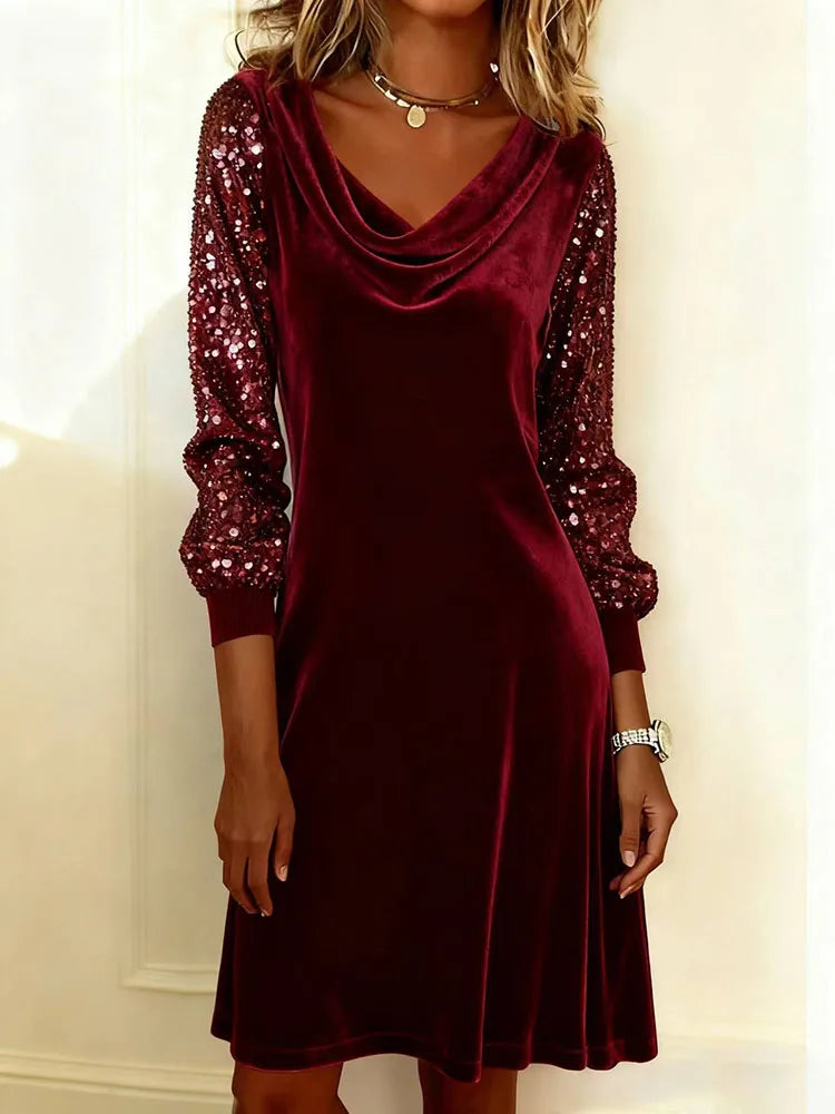 Cowl Neck Velvet Sequin Long Sleeve A-Line Midi Dress