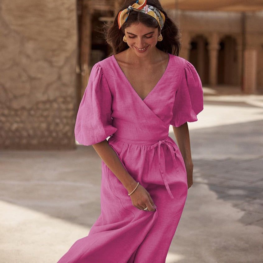 V-Neck Wrap Puff Sleeve Linen Midi Dress