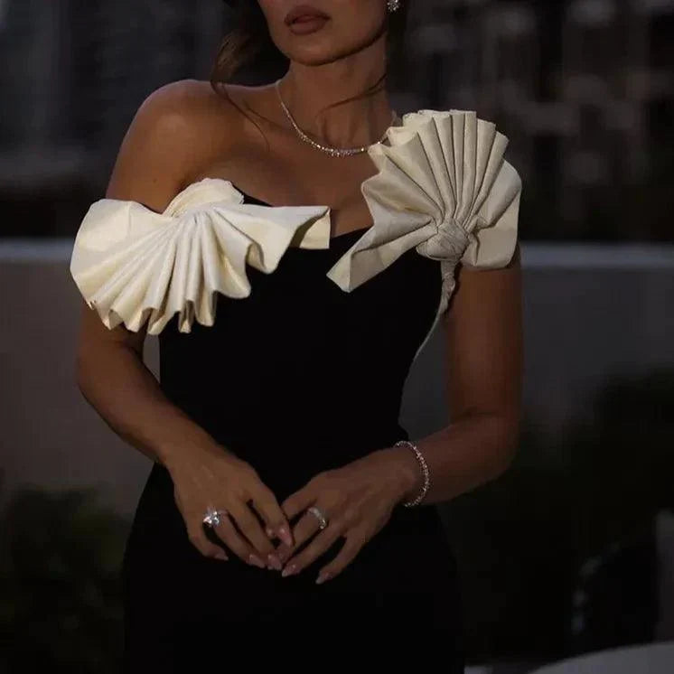 Black Strapless Contrast Ruffle Bow High Slit Column Maxi Gown