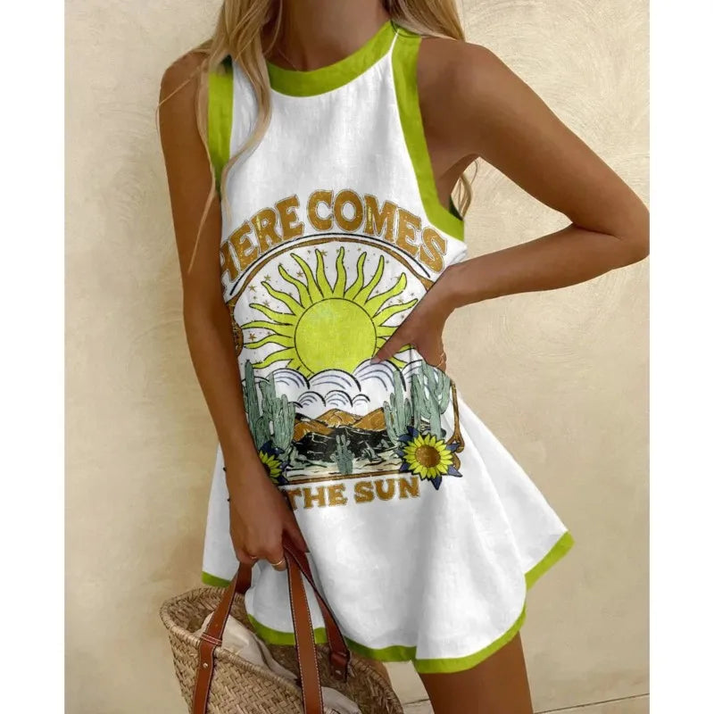 Round Neck Desert Sun Graphic Print Sleeveless Flared Mini Dress