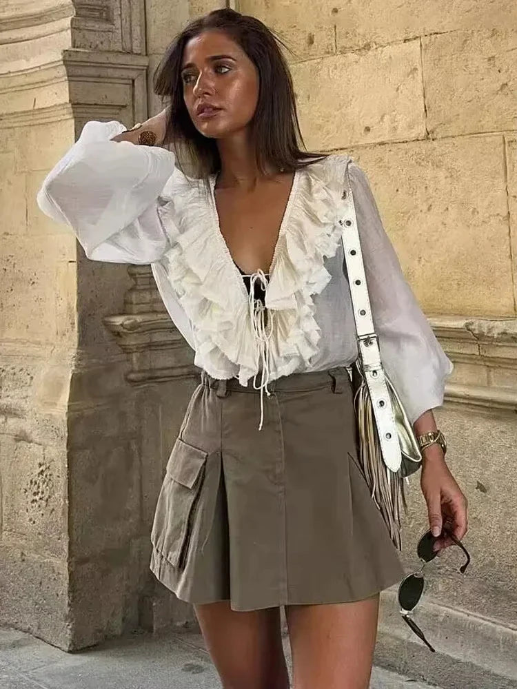 Fashion Solid Vneck Lantern Long Sleeve Blouse