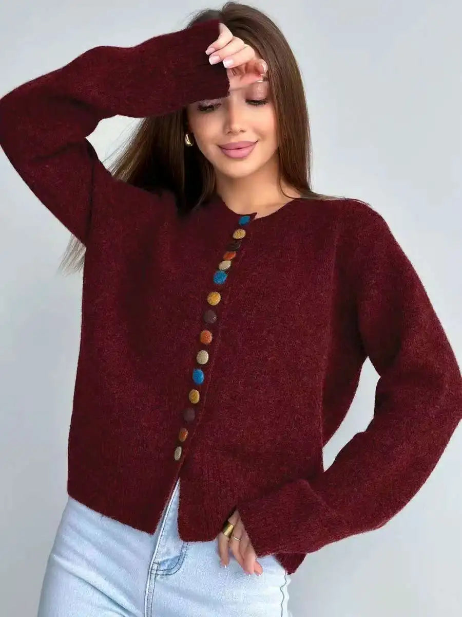 Round Neck Knit Button Front Long Sleeve Cardigan 2