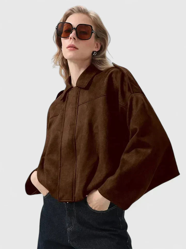 Collared Suede Zip Front Drop Shoulder Oversized Jacket