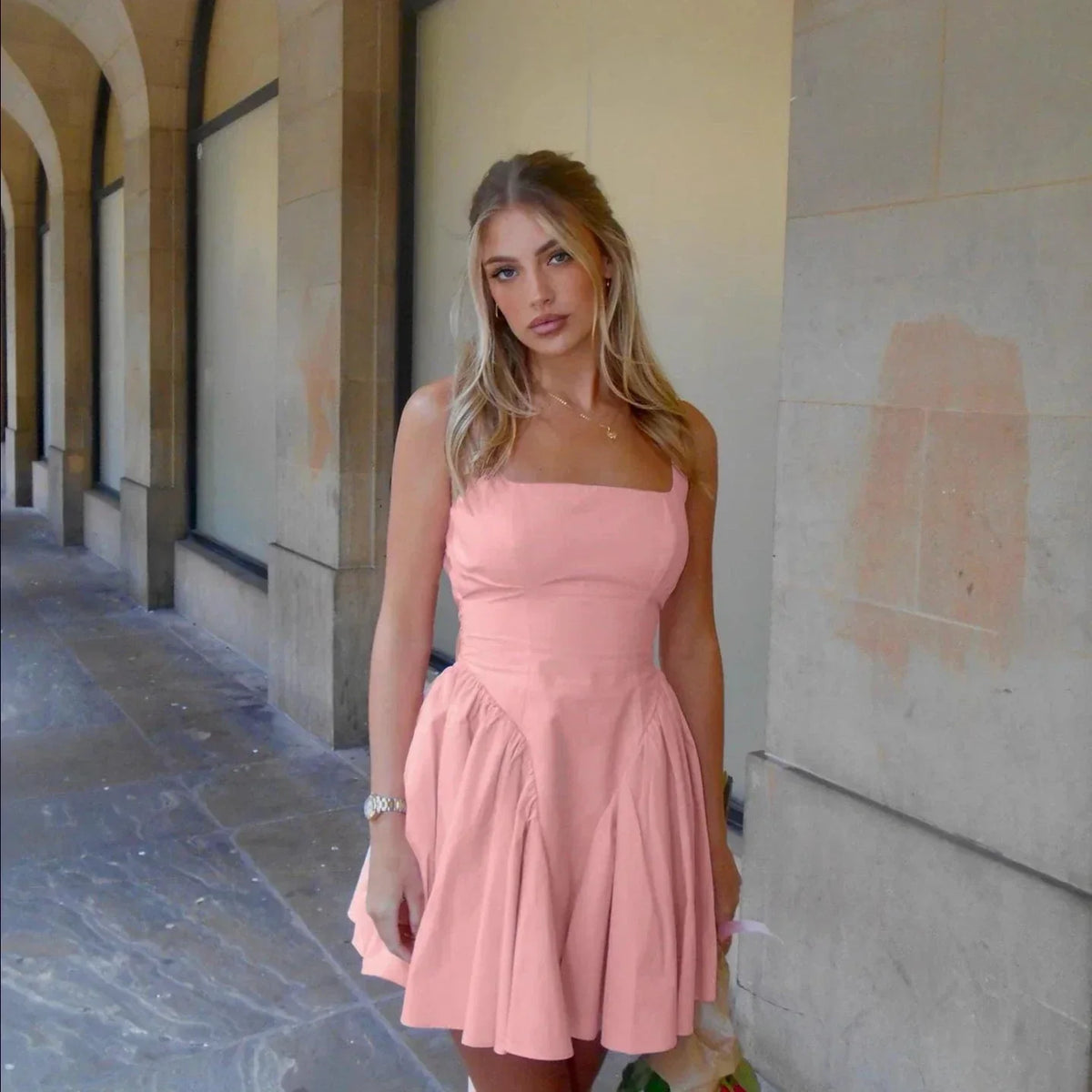 Open Back Oversized Bow Tie Flared Mini Dress