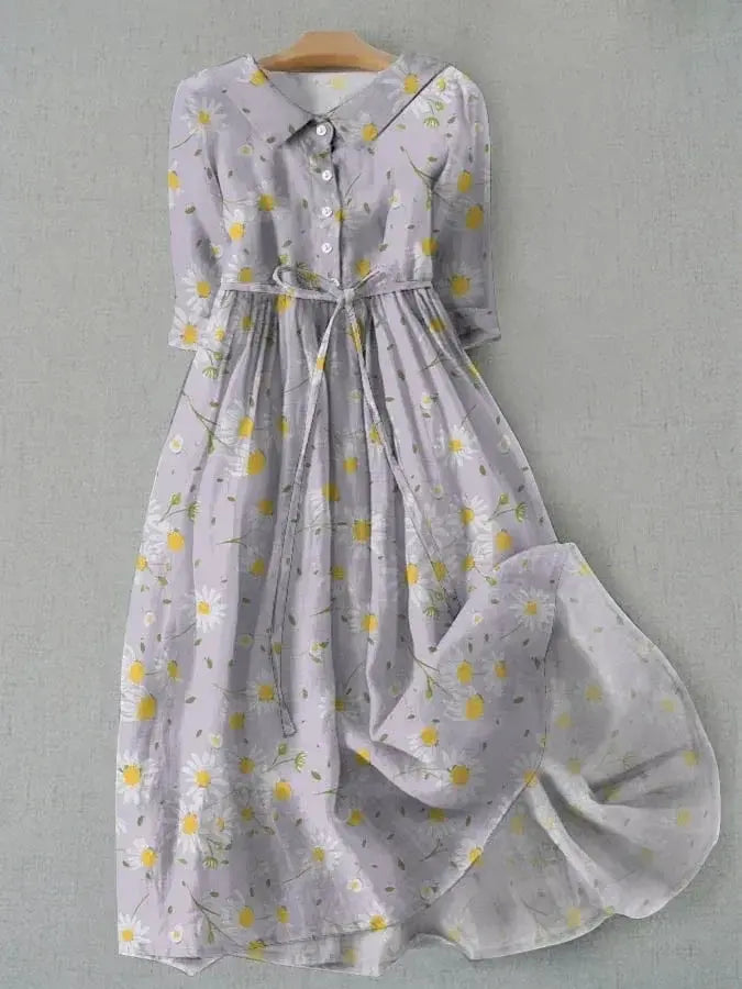 Multi Collared Daisy Floral Button Front Tie Waist Midi Dress
