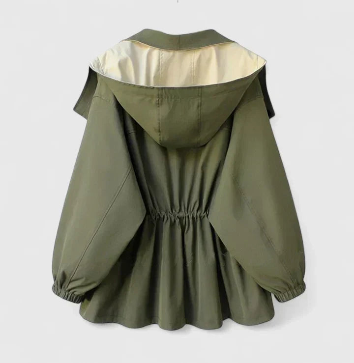 Oversized Lapel Collar Contrast Zip-Up Drawstring Jacket